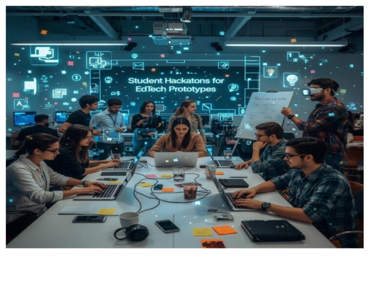Students participating in a student EdTech hackathon, collaborating on innovative education technology projects
